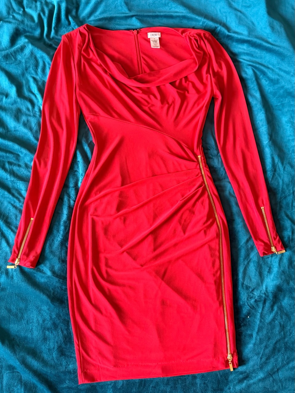 Cachet Red Long-Sleeve Draped Sheath Dress with Gold Zippers